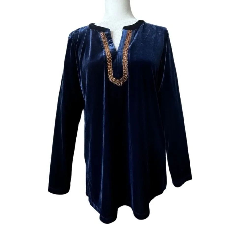 Susan Graver Artisan Velvet Blue Tunic Gold Bead Trim Long Sleeve Size Small